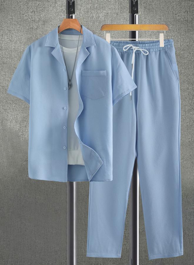 Take Two Men Light Blue Textured Shirt and Trousers Co-Ords - Image 1